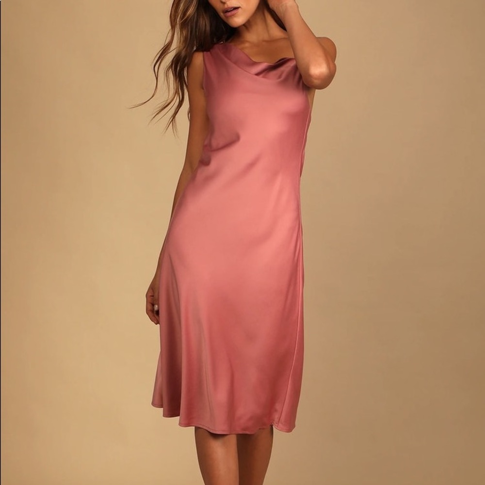 Lulu’s Mauve Pink Satin Asymmetrical Midi Dress